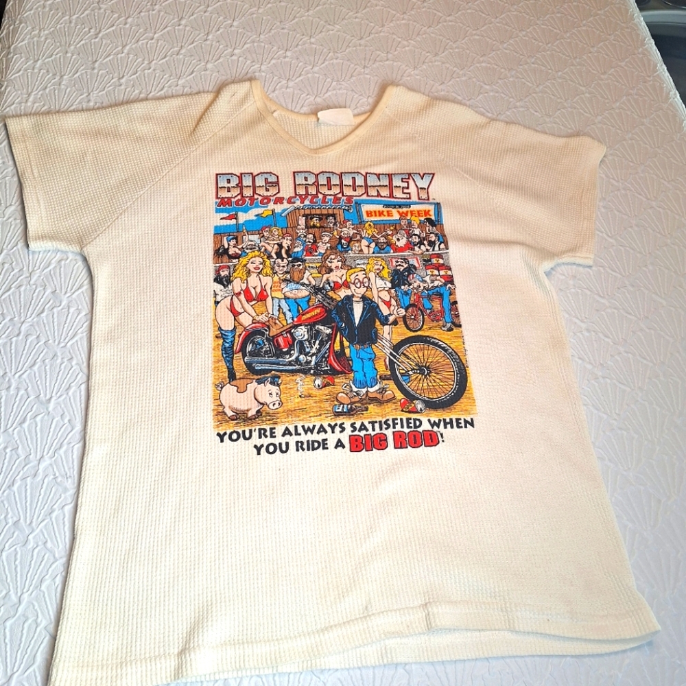 Vintage 90s Big Johnson Motorcycles Bike Week Waffle Knit Tshirt L/XL